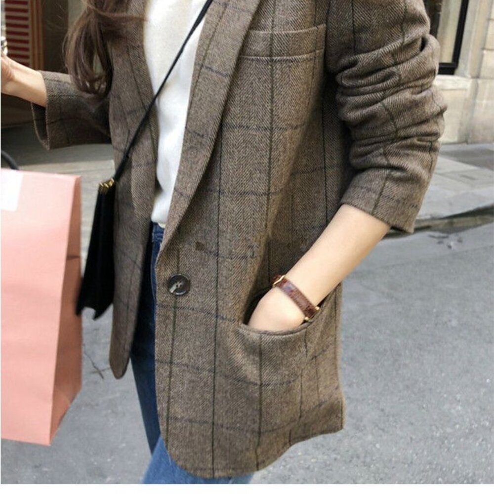 Cai Dai Fei Plaid Wool Blazer, L